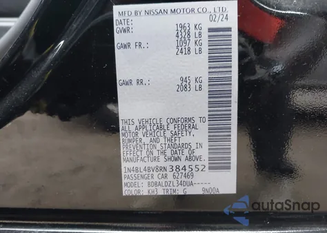 2024 Nissan Altima S Fwd z USA, uszkodzony, nr VIN 1N4BL4BV8RN384552